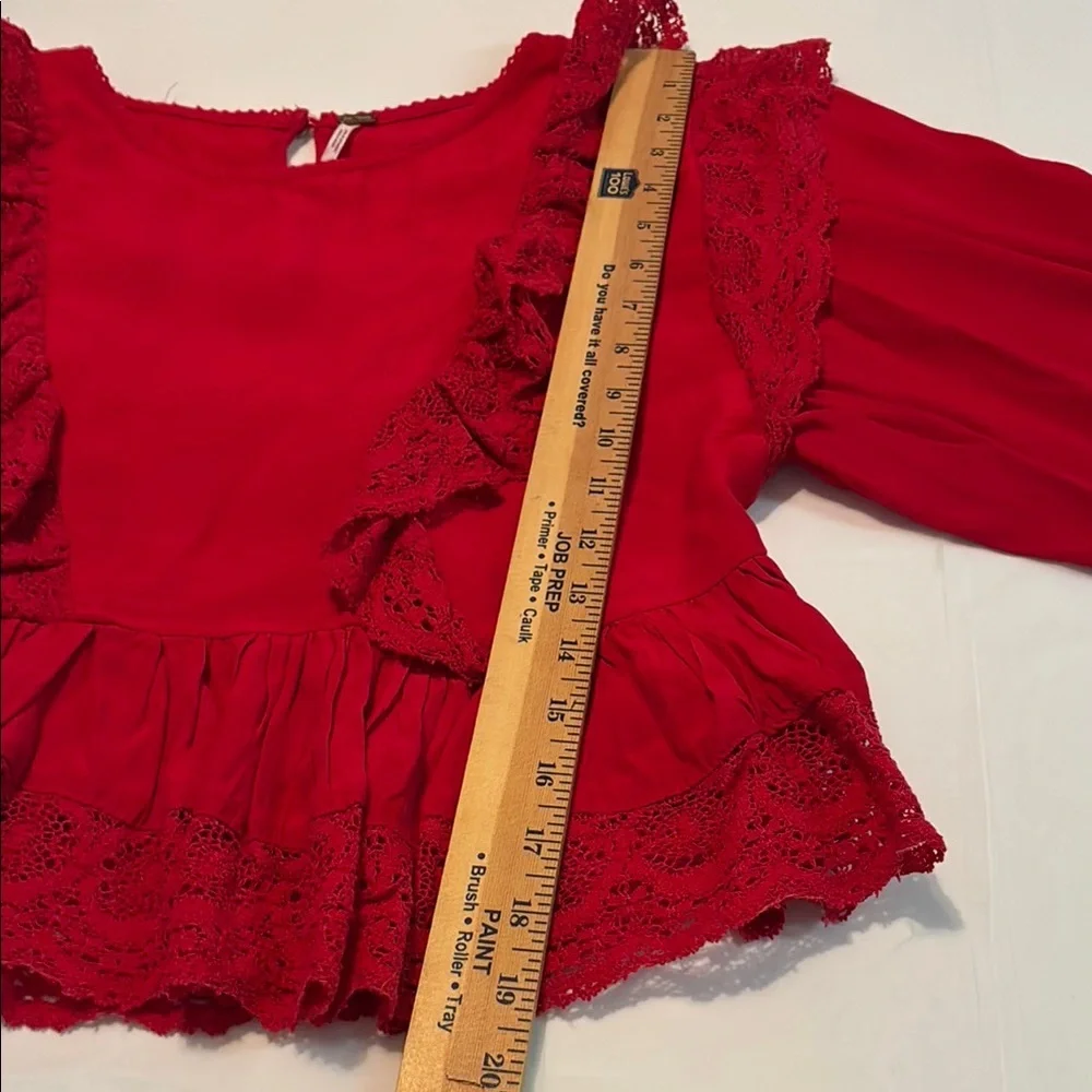 Free People Red Ruffled Bell Sleeve Crop Blouse